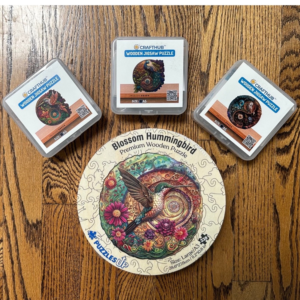 CraftHub Puzzles Up Wooden Jigsaw Puzzle Bundle Hummingbird Peacock A5 Large NEW
